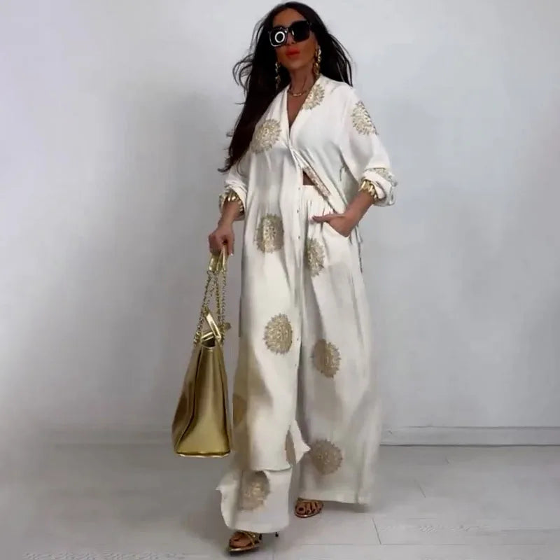 Eid Muslim Suits Women Print Blouses Wide Leg Pants Set Two Piece Musulman Ensemble Dubai Arabic Morocco Islam Casual Ramadan