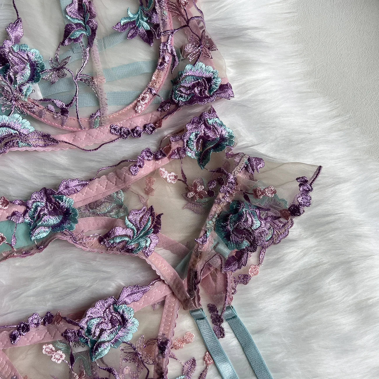 Diccvicc Embroidery Floral Lingerie See Through Sexy Lace Women Underwear Bra Thong Set Fancy Garter Intimate Kit Exotic Outfit
