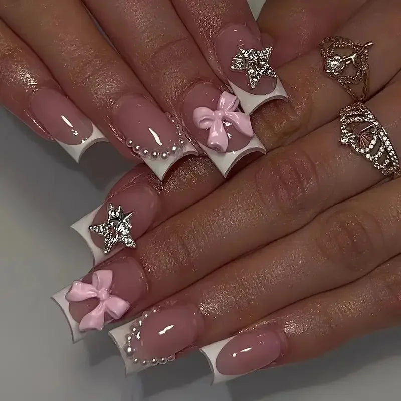 24Pcs White Fake Nails Press on Nails French Pink Bow Design Gentle Flower Acrylic False Nail with Jelly Glue Wearable Manicure