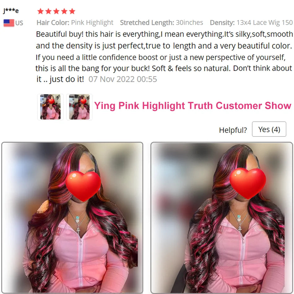 Pink Highlight 13x6 Lace Front Wig Pre Plucked Body Wave Colored Human Hair Wigs Transparent Peruvian Remy Hair For Black Women