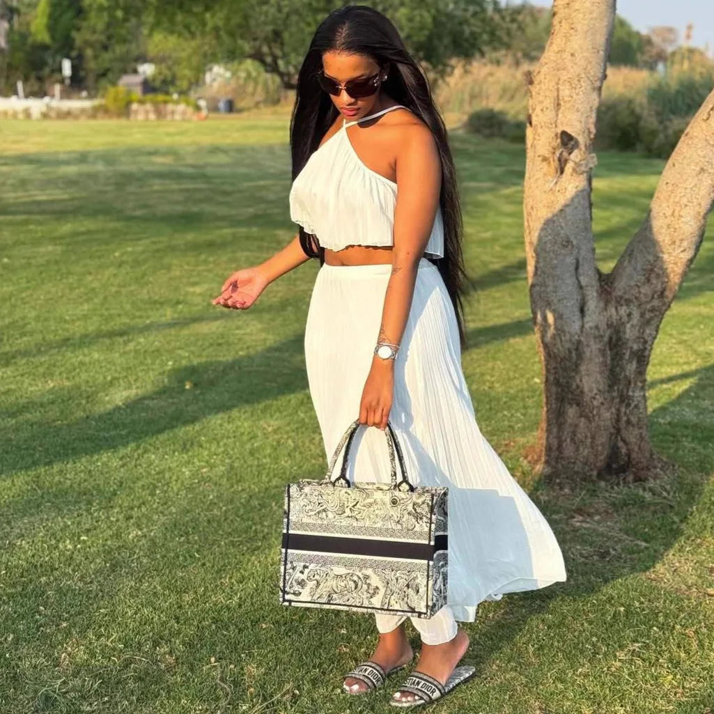 2026 New Summer Female 2 Piece Skirt Set Outfit Fashion Halter Neck Long Skirt Suit Women Backless Sling Top Lace Up Maxi Skirts