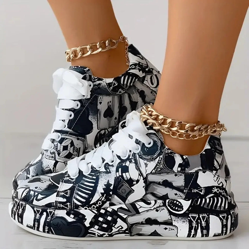 Women Sneakers Thick-soled Shoes 2025 New Summer Hand-painted Graffiti Shoes Outdoor Casual Women Sneakers