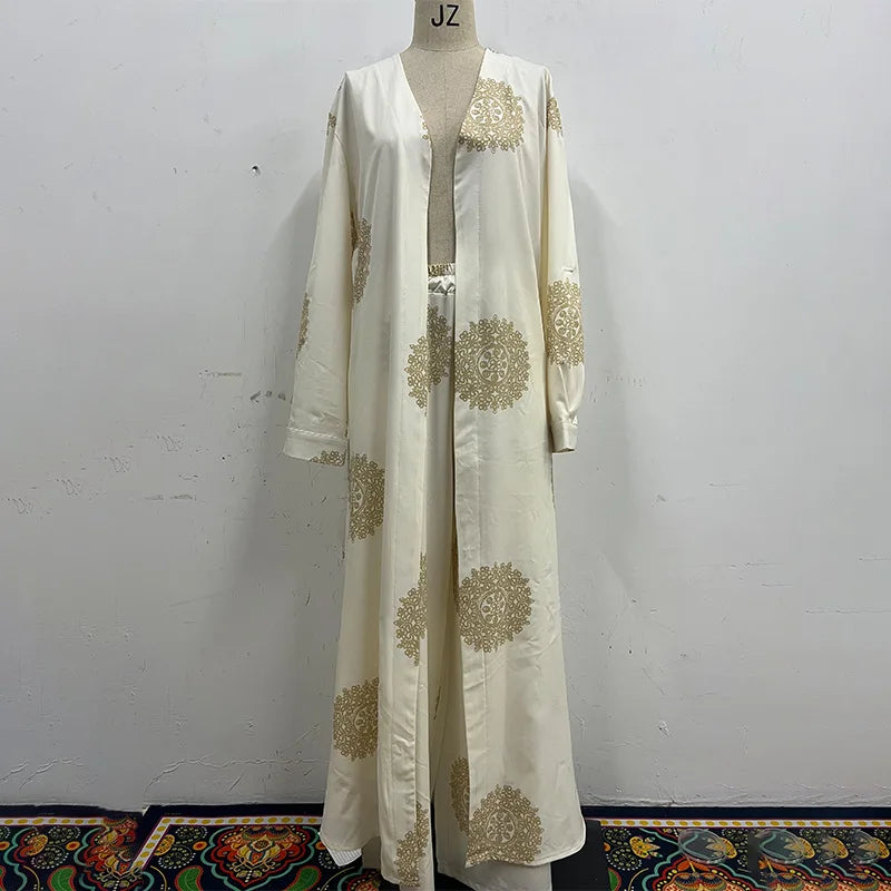 Eid Muslim Suits Women Print Blouses Wide Leg Pants Set Two Piece Musulman Ensemble Dubai Arabic Morocco Islam Casual Ramadan