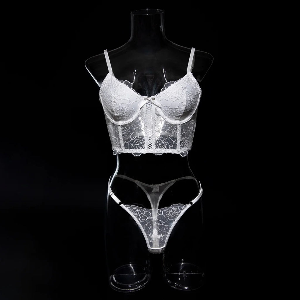Krasapt White Floral Embroidered Fishbone Bras And Panties Sexy Lingerie Sets Transparent Mesh Patchwork Erotic Underwear Suit