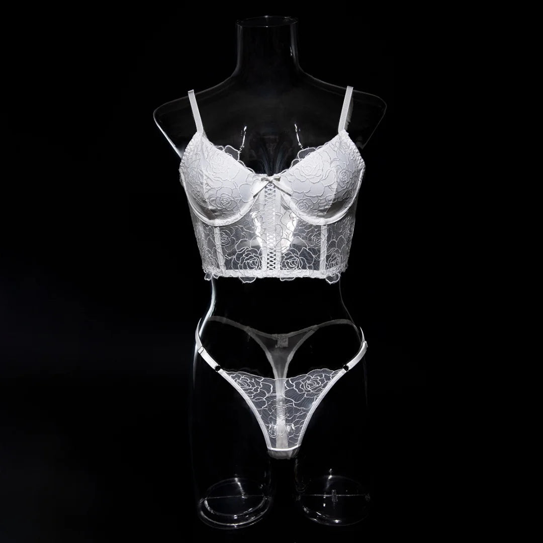 Krasapt White Floral Embroidered Fishbone Bras And Panties Sexy Lingerie Sets Transparent Mesh Patchwork Erotic Underwear Suit