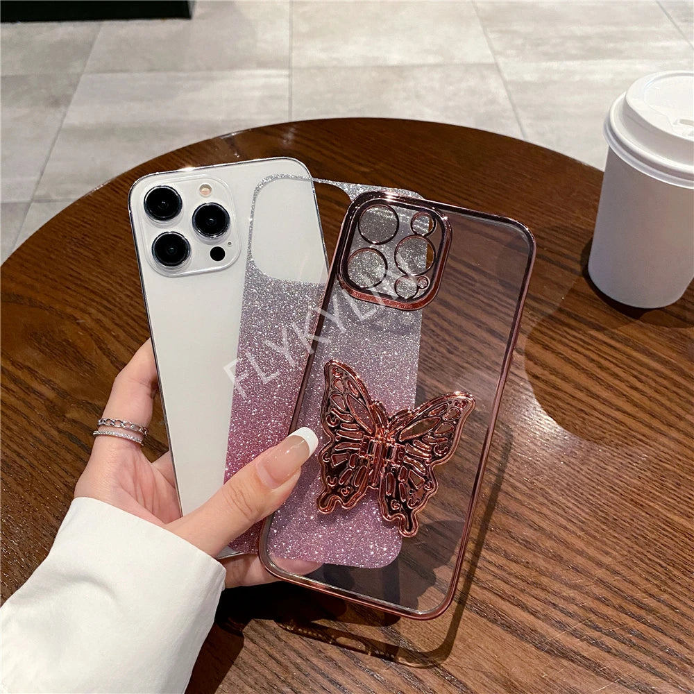 3D Butterfly Phone Holder Bead Bracelet Glitter Plating Case For iPhone 16 15 13 12 11 14 Pro Max XS Max XR 7 8 Plus Stand Cover