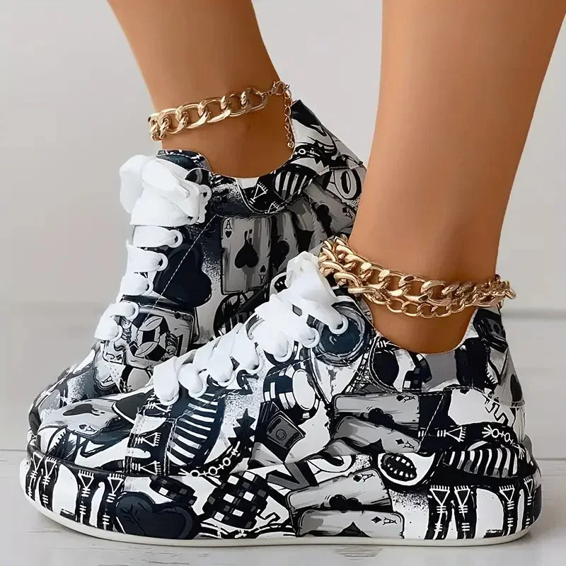 Women Sneakers Thick-soled Shoes 2025 New Summer Hand-painted Graffiti Shoes Outdoor Casual Women Sneakers
