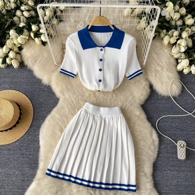 Fashion Knitting 2 Piece Sets Women Outfits Summer Clothing Women 2026 Polo-Neck Top Mini Skirt Suit Casual Knitted Dress Sets