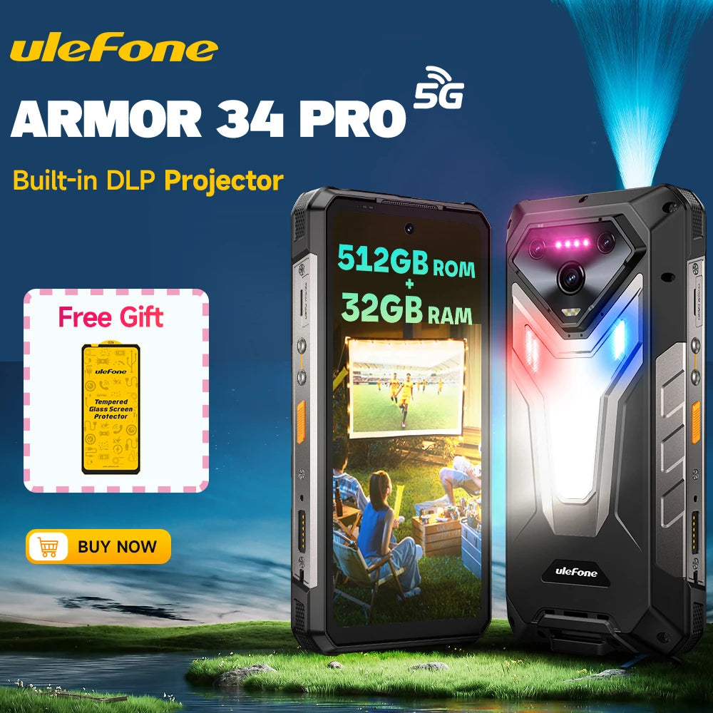 【2025 New】Ulefone Armor 34 Pro 5G AI Rugged Phone Smartphone Android 15 32GB+512GB 25500mAh Night Camera Built-in Projector