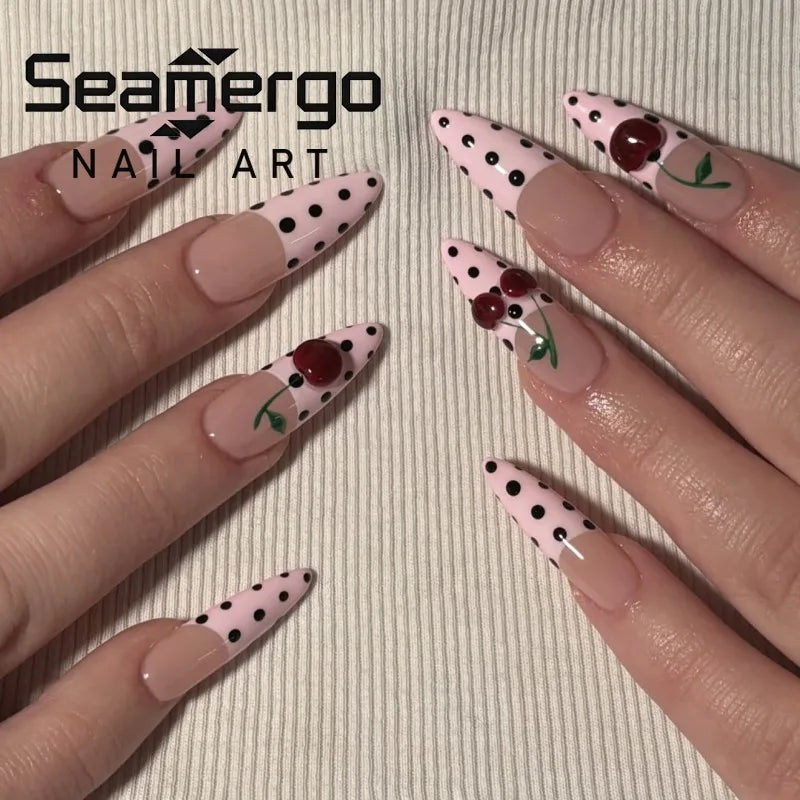 24PCS Pink French Press on Nails with Glue Black Polka Dots Sweet 3D Cherry Almond Fake Nails for Women Acrylic Simple Nail Tips