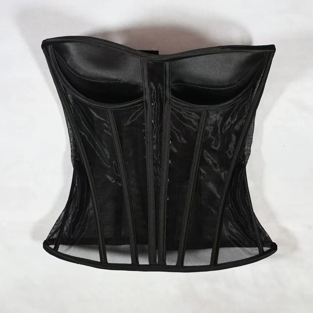 Women Corset Bustier With Bra Transparent Mesh Bodices For Wedding Body Shaper Slimm Waist Lace Up Boned Strapless Tube Tops