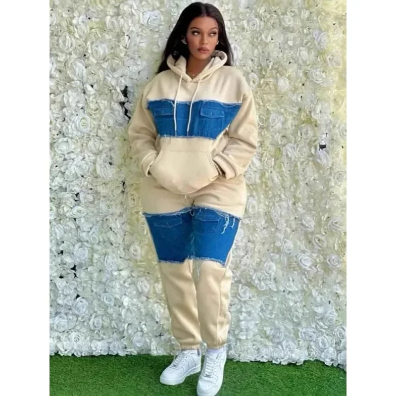 Pants Set Women Two Piece Sets Hooded Matching Sets Sweatshirts Long Pants High Waist Denim Splice Y2k Casual Jogger 2025