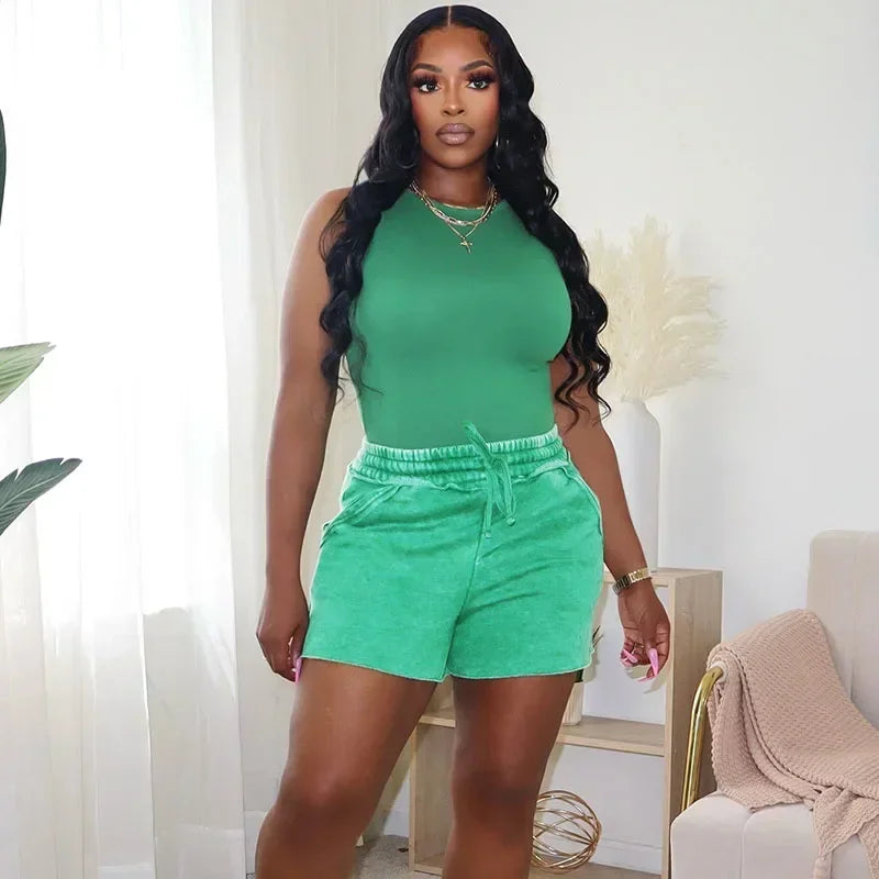 Active Wear Casual Shorts Sets Woman 2 Piece Set Outfit Summer Clothes Sleeveless Tank Top and Shorts Fitness Workout Sport Suit