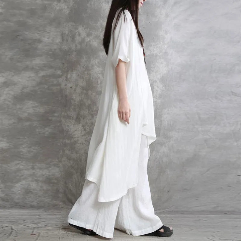 Loose Casual Cotton Linen Two Piece Set Fashion Round Neck Irregular Half Sleeved Extended Top Elastic Waist Wide Leg Pants Set