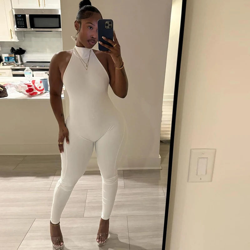 Sexy Skinny Jumpsuits Women Lift Buttocks Jumpsuit Solid Color Bandage Backless Halter Slim Yoga Fashion Overalls Streetwear