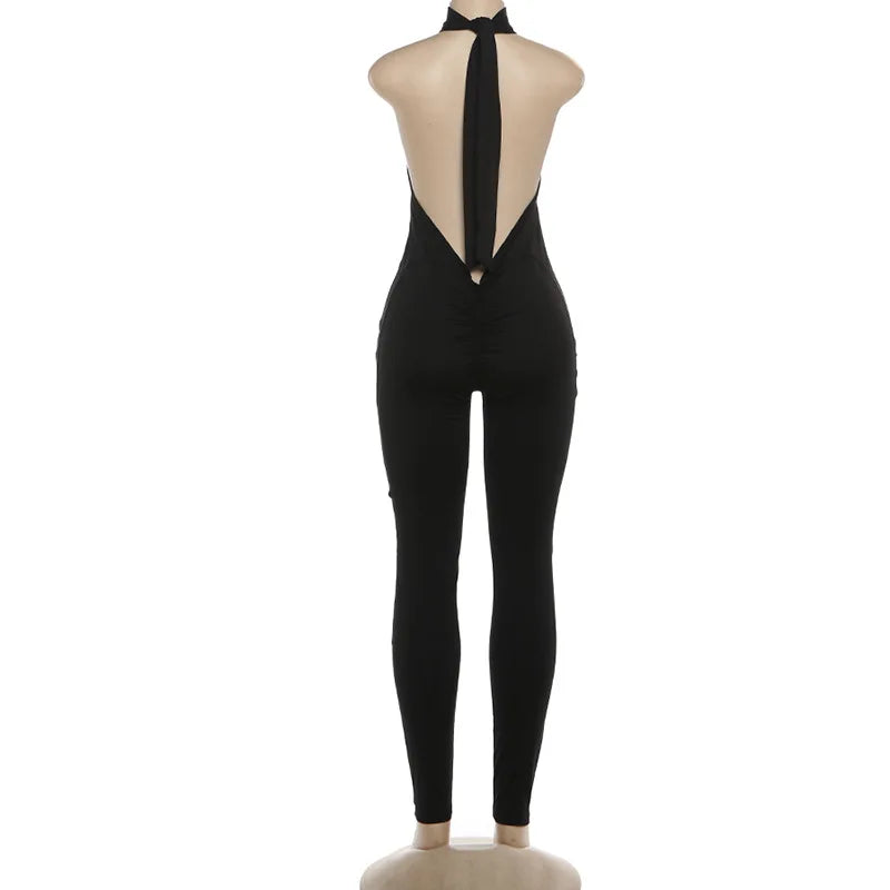 Sexy Skinny Jumpsuits Women Lift Buttocks Jumpsuit Solid Color Bandage Backless Halter Slim Yoga Fashion Overalls Streetwear