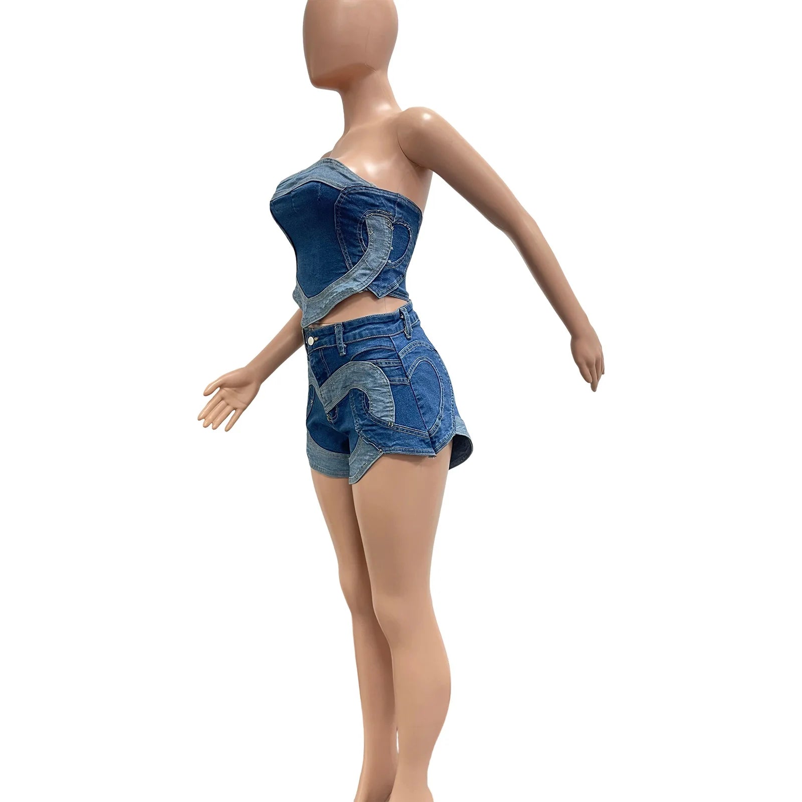 Denim Short Sets Women Strapless Tops Sexy Two Piece Set Y2k Streetwear High Street Jeans Shorts Lady Slim Fit Sleeveless Summer