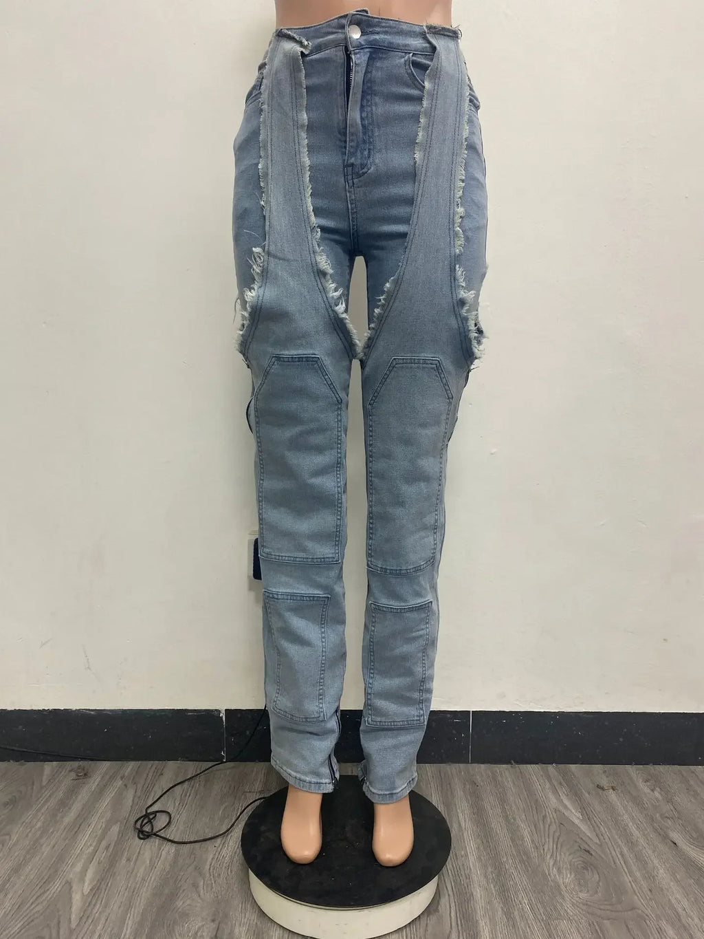 Jeans Women Straight Pants Hollow Out Zipper High Strecth Pockets Irregular Denims Vintage Distressed Streetwear 2025 Trousers