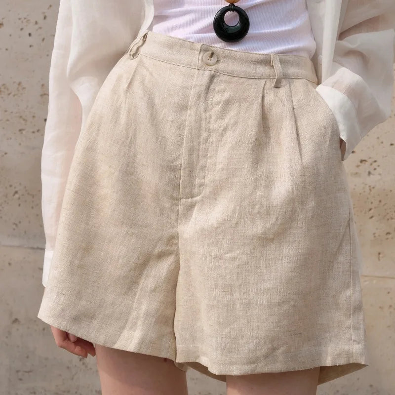 Retro 100% Linen Short Pants Women High Wasit Casual Harajuku Fashion Streetwear White Color Summer Office Lady Female Shorts