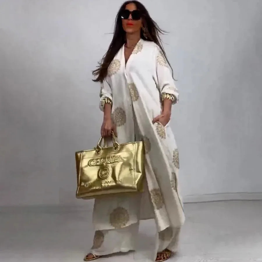 Eid Muslim Suits Women Print Blouses Wide Leg Pants Set Two Piece Musulman Ensemble Dubai Arabic Morocco Islam Casual Ramadan