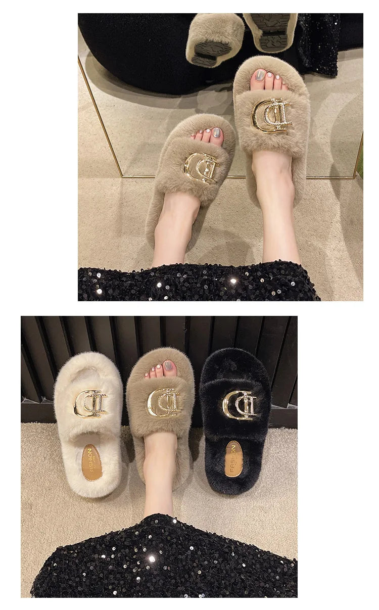 Autumn/Winter 2024 Women's letter metal buckle new fur slippers thick soled outerwear fashionable home new product slippers