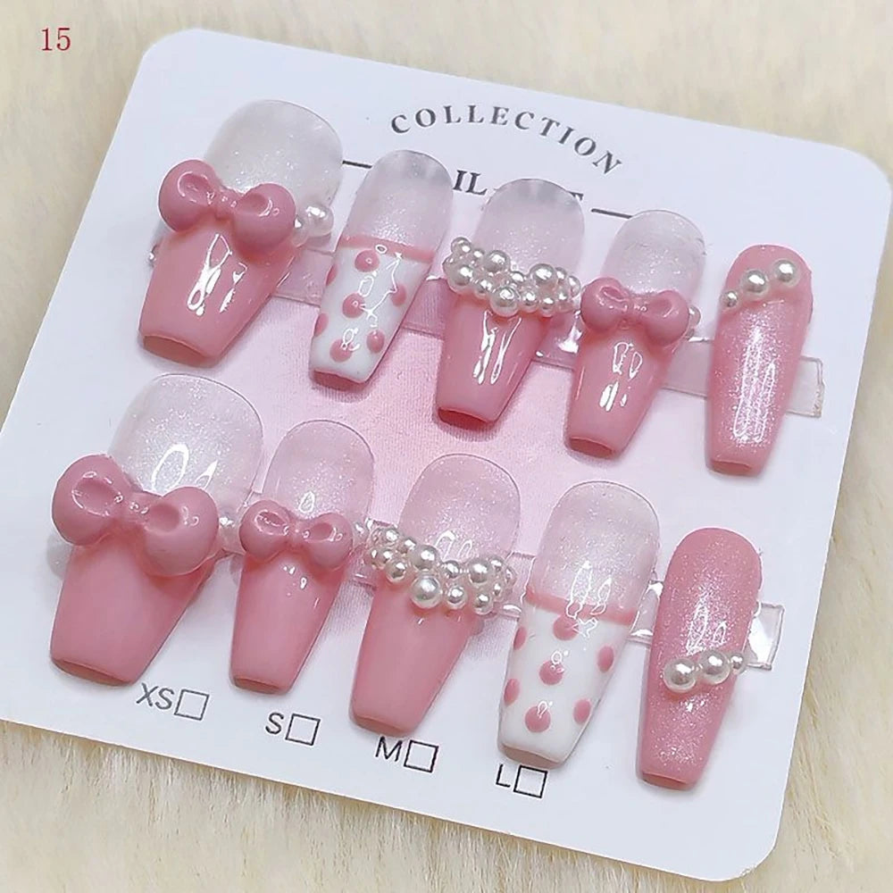 10Pcs Sweet Lovely Handmade Long Coffin Wearable Fake Nail Kawaii Girlish Heart Cartoon Pink Pearl Bow Diamond False Nail Gift