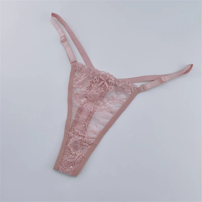 Solid Floral Lace Sexy Panties Ladies Low Waist Bow T-back Thong Adjustable Thin Belt Underwear Hollow See-through Lingerie 3PCS