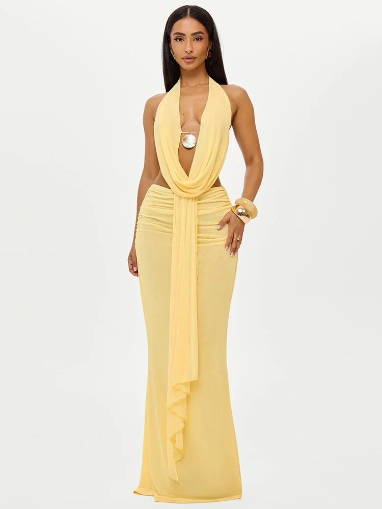 Sexy Dress Set Women Halter Crop Top And Maxi Skirt Matching Sets Female Elegant Beach Club Party Skirt Two Piece Set