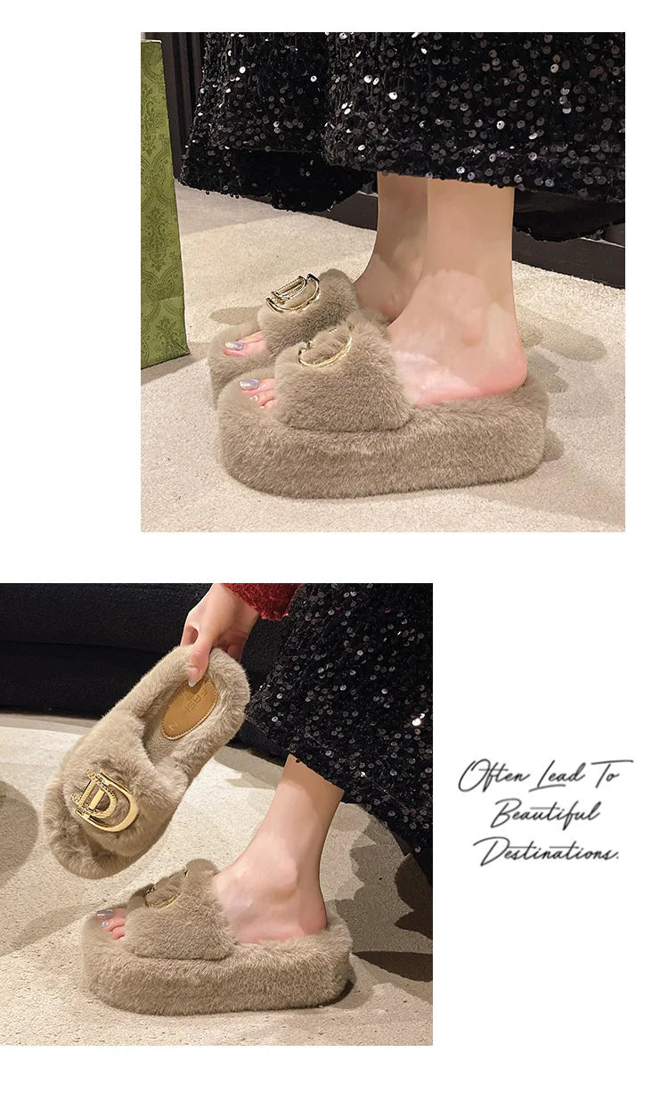 Autumn/Winter 2024 Women's letter metal buckle new fur slippers thick soled outerwear fashionable home new product slippers