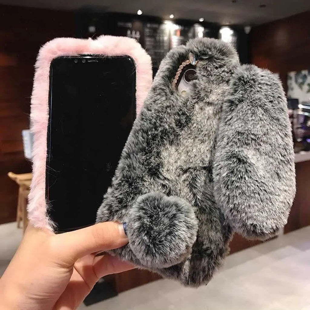 Cute Hairy Rabbit Animal Phone Case For iPhone 15 14 13 Pro Max 12 Mini 11 Pro Max X XS MAX XR 7 8 Plus Soft Plush Cover
