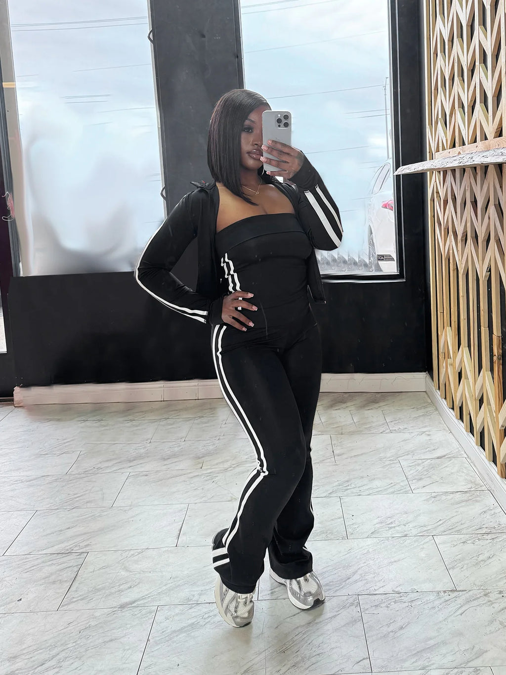 CM.YAYA Women's Set Long Sleeve Cargidan +strapless and Striped Pants Suit Three 3 Piece Set 2025 Street Active Outfit Tracksuit