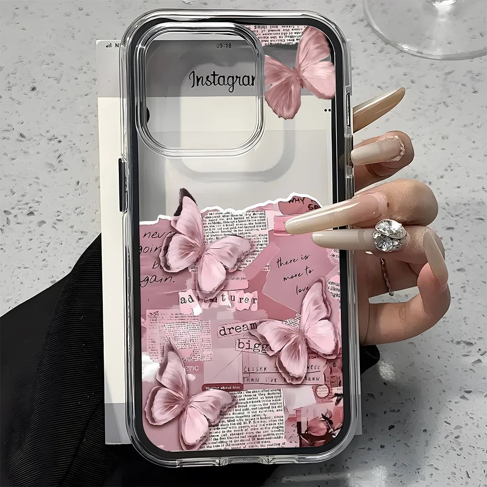 Pink Butterfly Collage Pattern Clear Phone Case For iPhone 11 12 13 14 15 16 17 Pro Max Air Plus 2 in 1 Candy Color Soft Cover