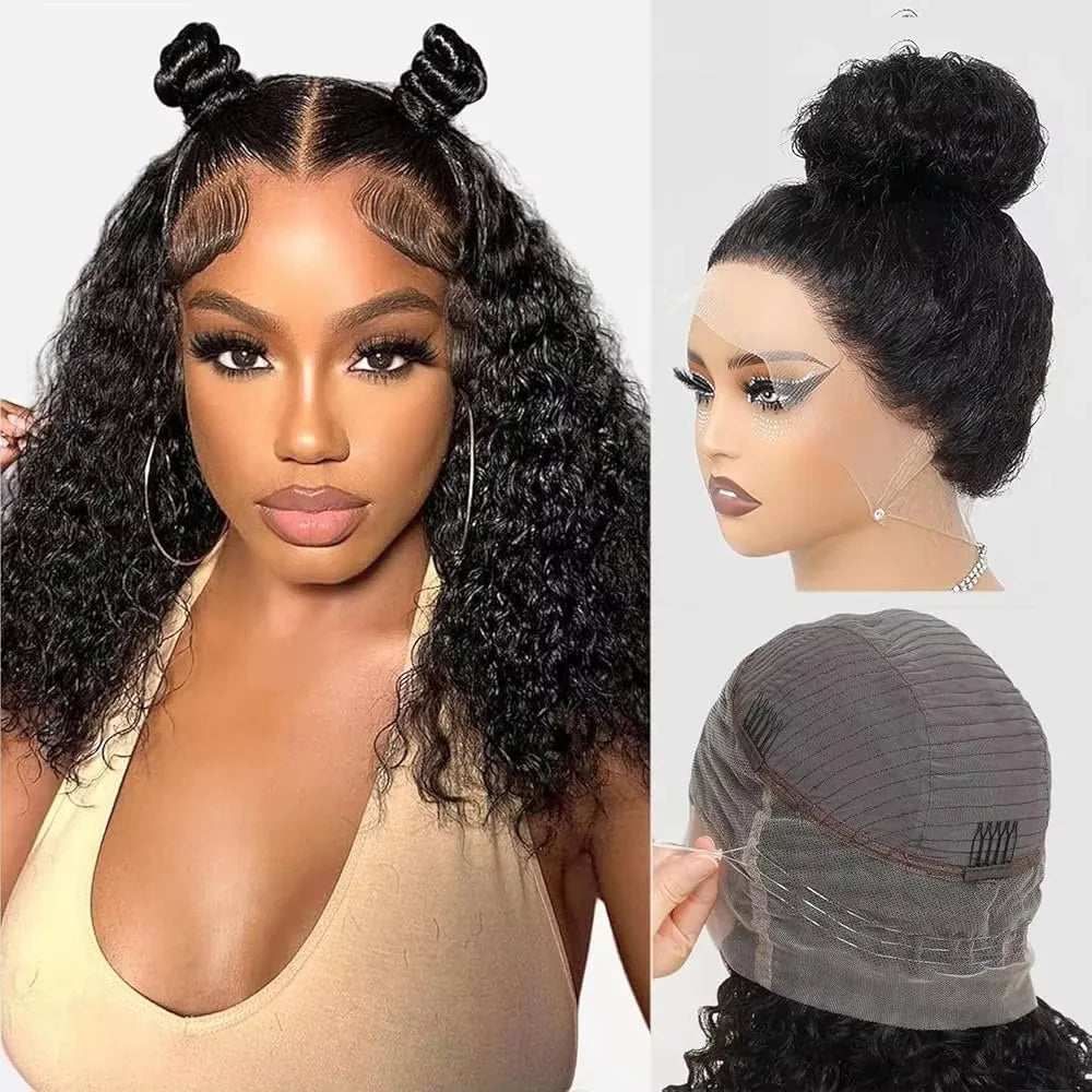 Upgrade No Glue 360 Drawstring Lace Wig Kinky Curly Deep Water Wigs Remy Human Hair Invisi Strap 360 Full Hd Lace 13x4 Front Wig