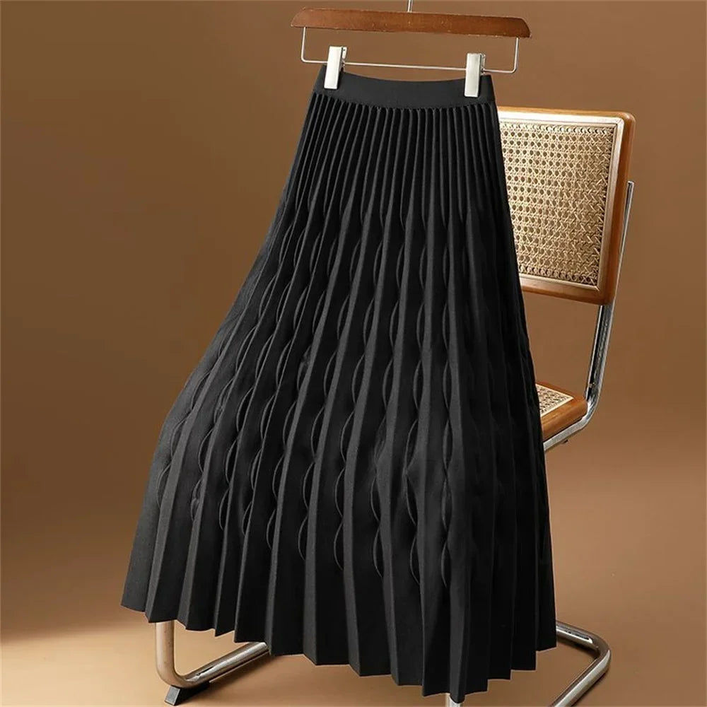 2024 korean fashion Autumn Winter New Women's Solid Colors High Waist Loose Elastic Pleated A-Line Black Skirt women clothing