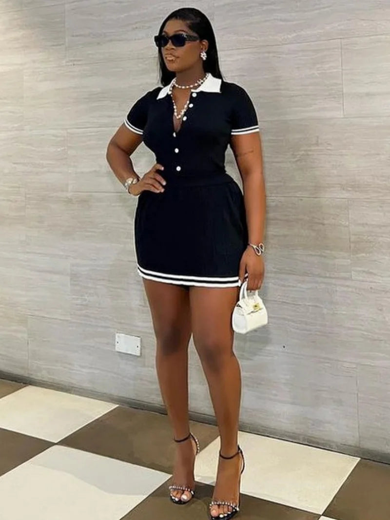 Fashion Knitting 2 Piece Sets Women Outfits Summer Clothing Women 2026 Polo-Neck Top Mini Skirt Suit Casual Knitted Dress Sets