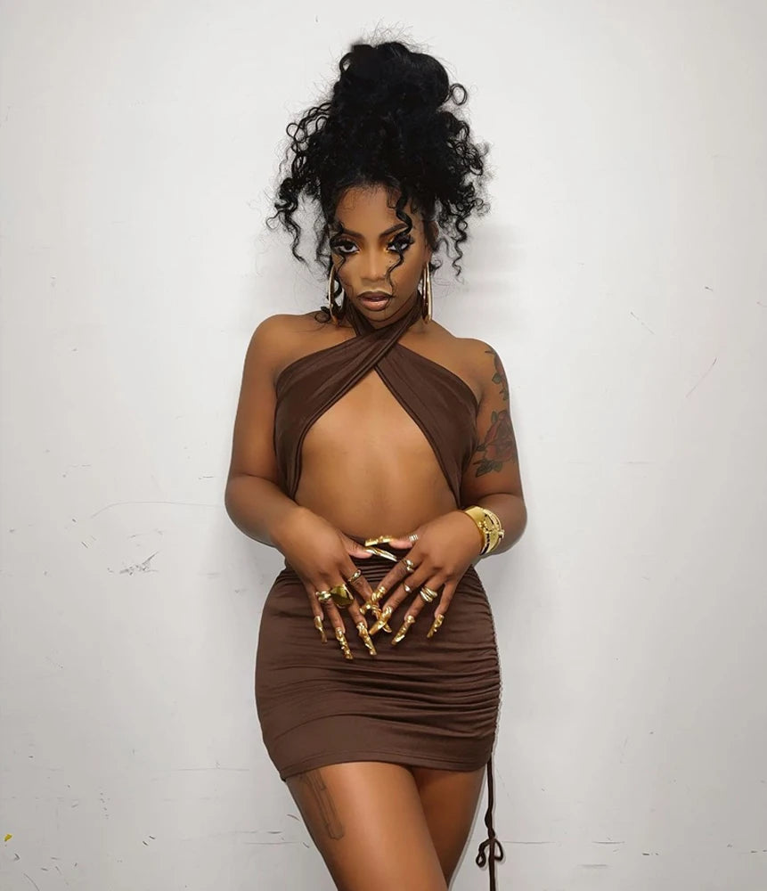 Sexy Strap Halter Deep V Neck Ruched Mini Dress Woman Backless Summer Bodycon Sleeveless Elegant Party Night Club Dresses