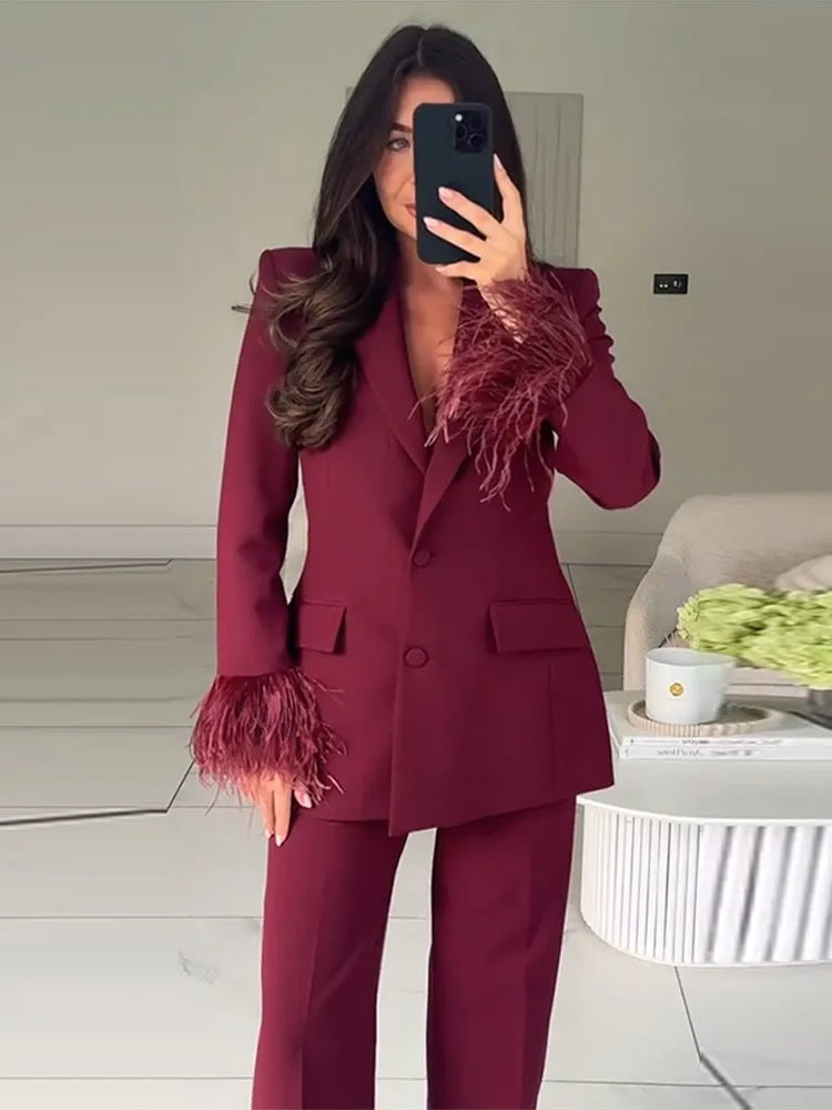 Elegant Feathers Women Blazer Pants Suit Lapel Button Coat Straight Wide Leg Trousers Lady Set 2026 Spring Female Outfits