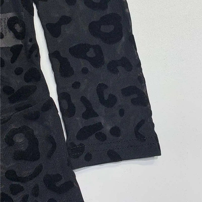 2026 Animal Instinct Mesh Bodystocking Leopard See Through Velour Long Sleeve Rompers Womens Jumpsuit Sexy Midnight Clubwear
