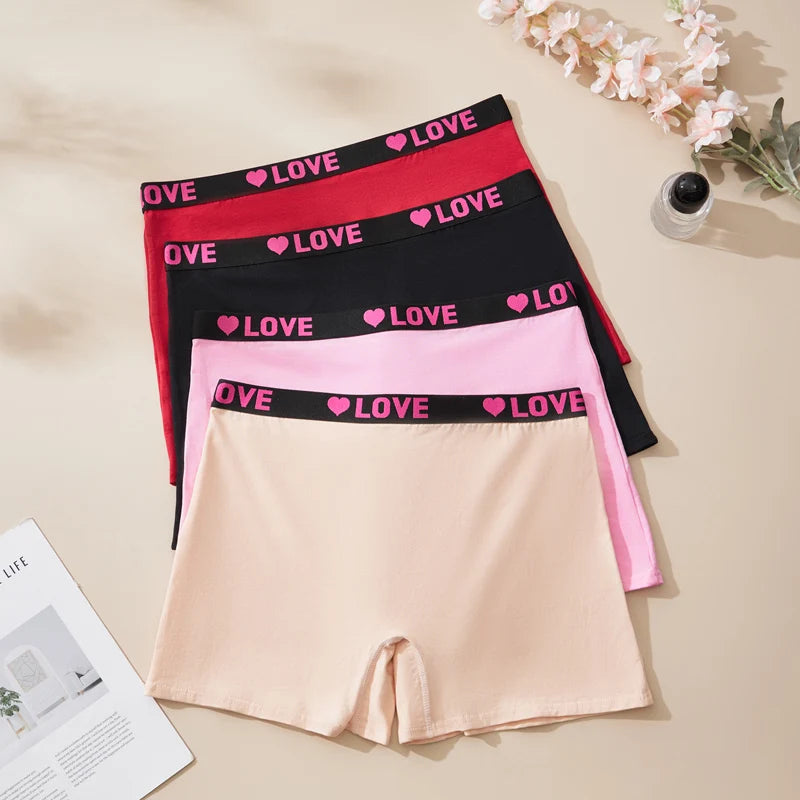 4PCS Plus Size Comfortable Women's Briefs Cute Heart-Print Women's Boxer Briefs Cotton Valentine's Day