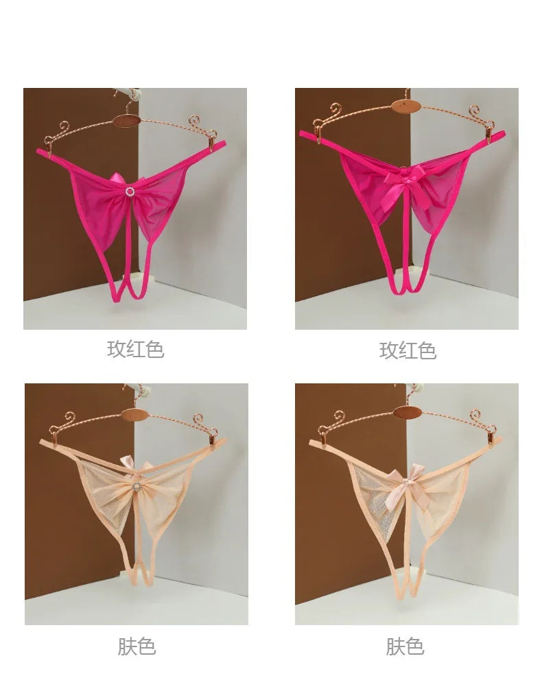 Women Sexy Rhinestone Panties Low Waist Bow G-strings Women's Hollow Out Seamless Panties Female Open Crotch Thongs Underpants