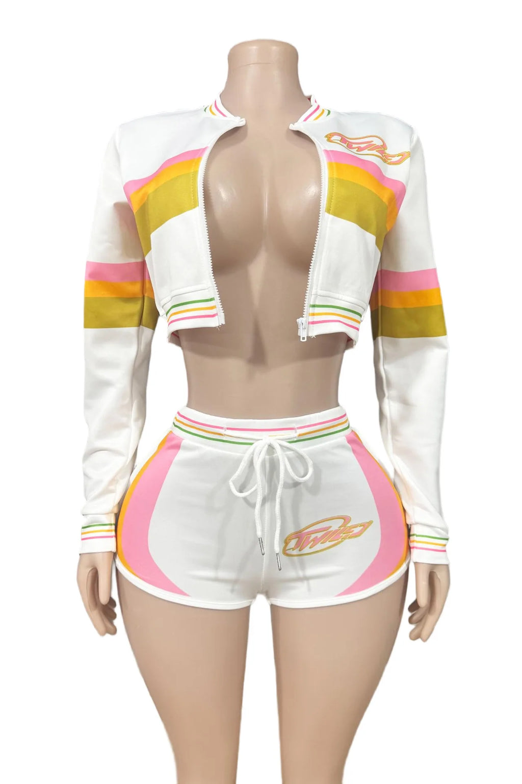 HLJ&GG Fashion Trend Y2K Striped Patchwork Two Piece Sets Women Zip Long Sleeve Crop Top + Shorts Outfits Female 2pcs Streetwear