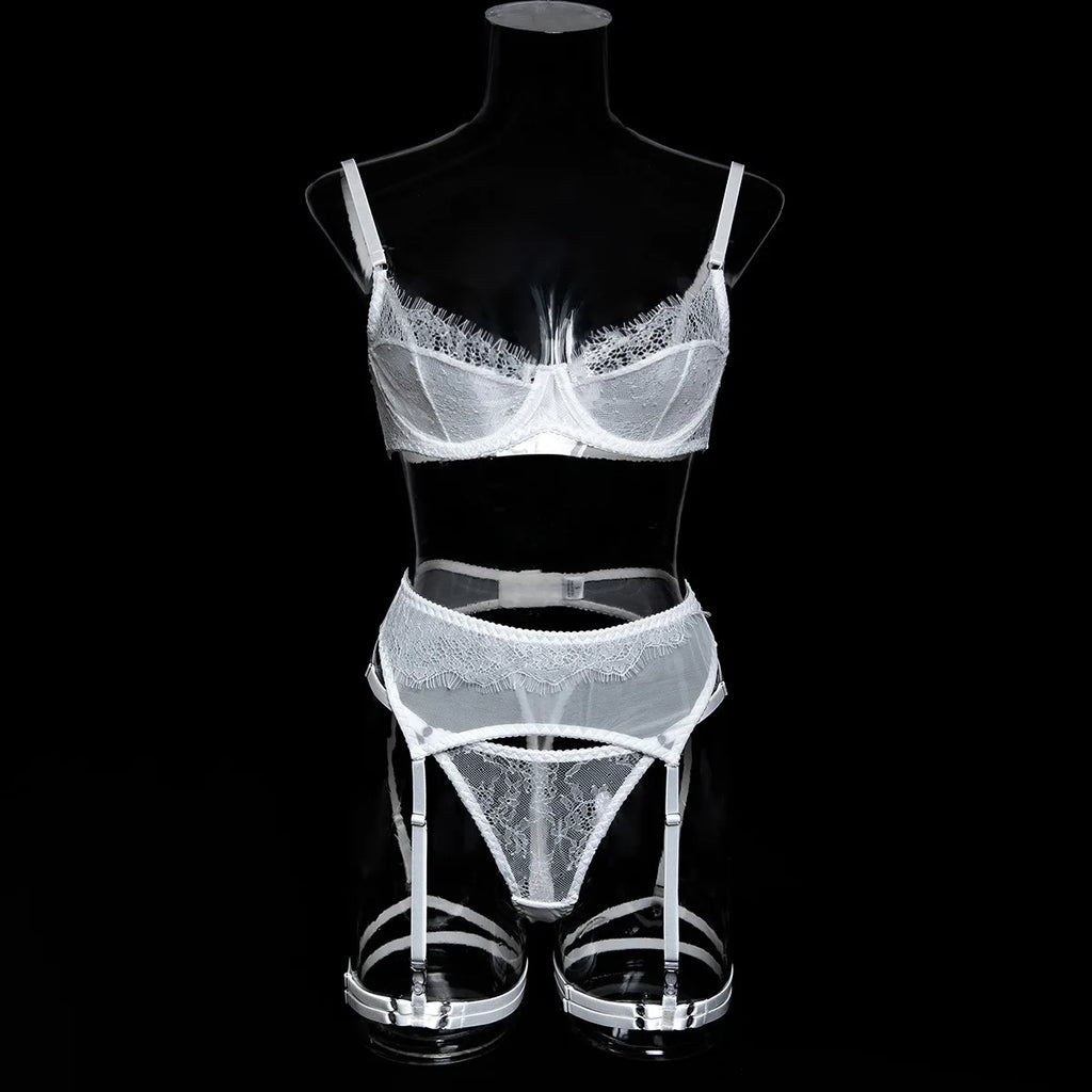 Ellolace Fancy Lingeries Sexy Hot Elegant Bra 3PC Set with Leg Circles Sissy Solid Color Intimate Eyelash Lace Patchwork Costume