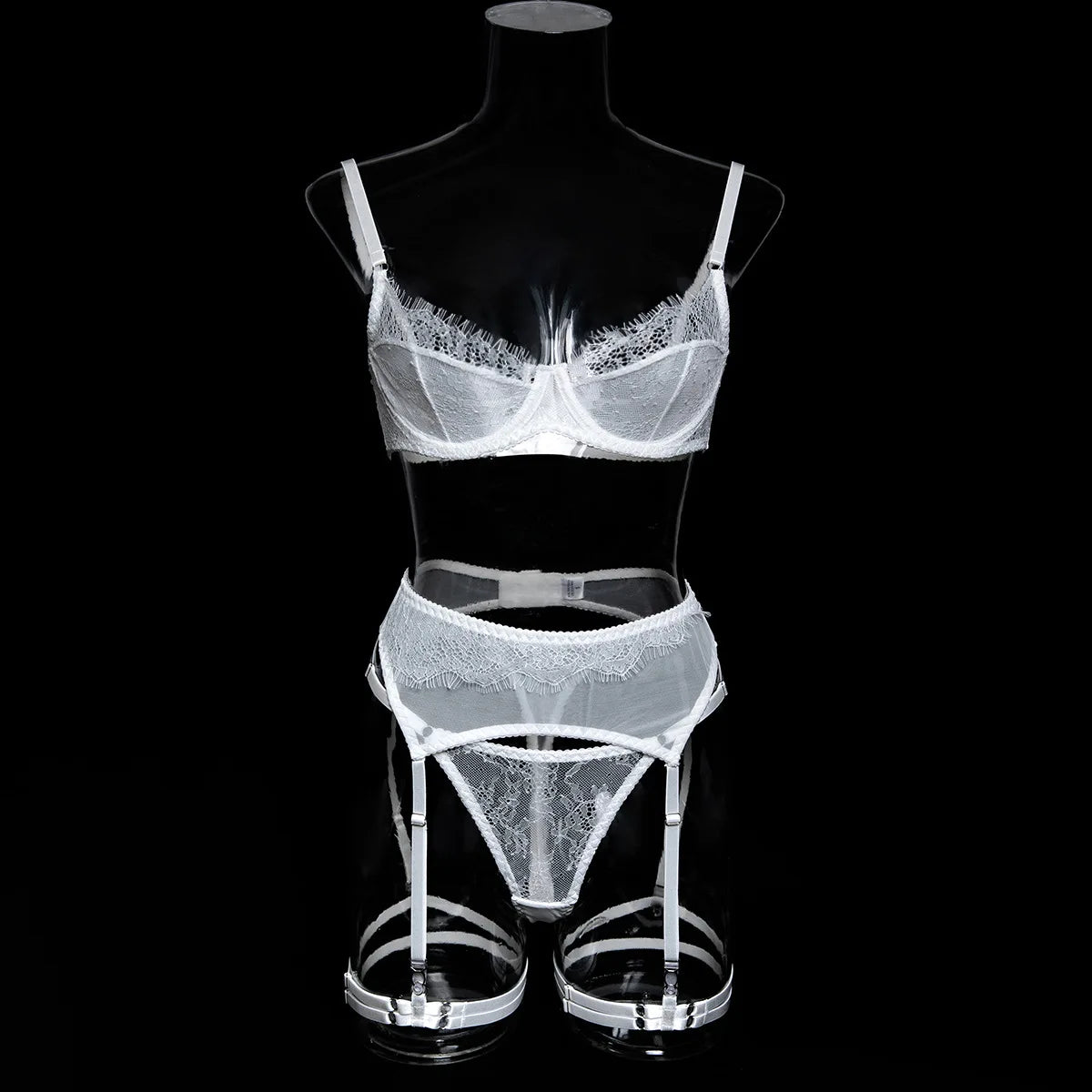 Ellolace Fancy Lingeries Sexy Hot Elegant Bra 3PC Set with Leg Circles Sissy Solid Color Intimate Eyelash Lace Patchwork Costume