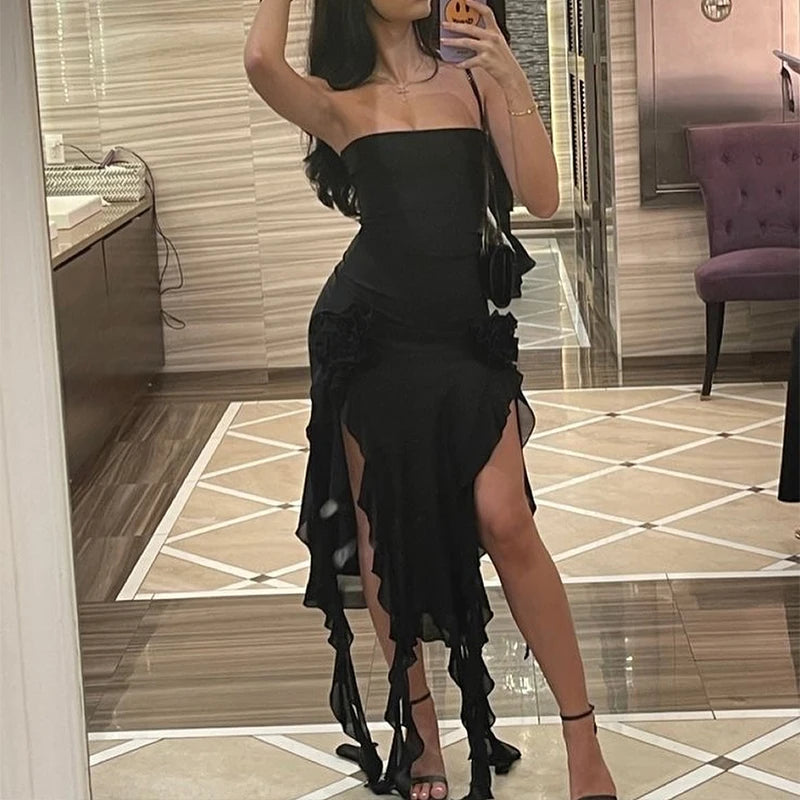 Sexy Strapless Tube Long Dress Summer Women Sleeveless Backless Irregular Layered Ruffled Tassels Skirt Y2K Fashion Slim Dresses