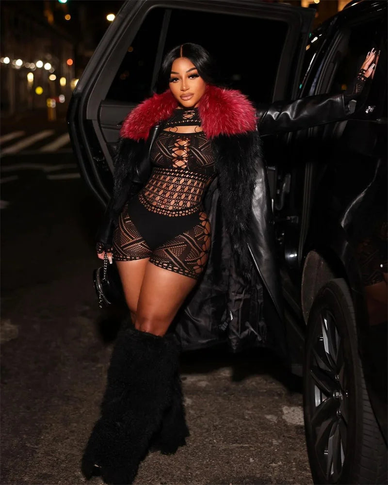 Sexy See Through Mesh Playsuit Women Rompers Long Sleeve Hollow Out Skinny Night Club Outfit One Pieces Jumpsuit Shorts Bodysuit