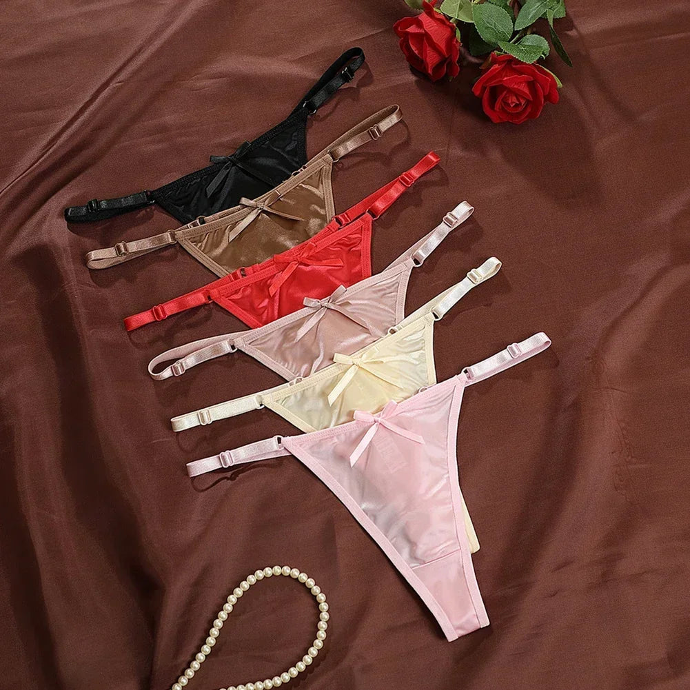 New Adjustable Girls G-Strings Pants Satin Cotton Crotch T-Back Women's Sexy Thin Strap Bow Underwear Plus Size