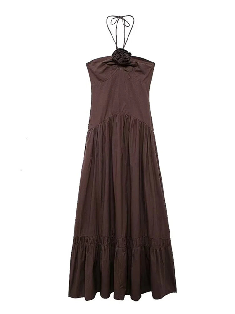 Elegant 3D Flower Long Dress Women Halter Backless Pleated Female Pary Dresses 2024 Fashion Street Sleeveless Solid Lady Robes