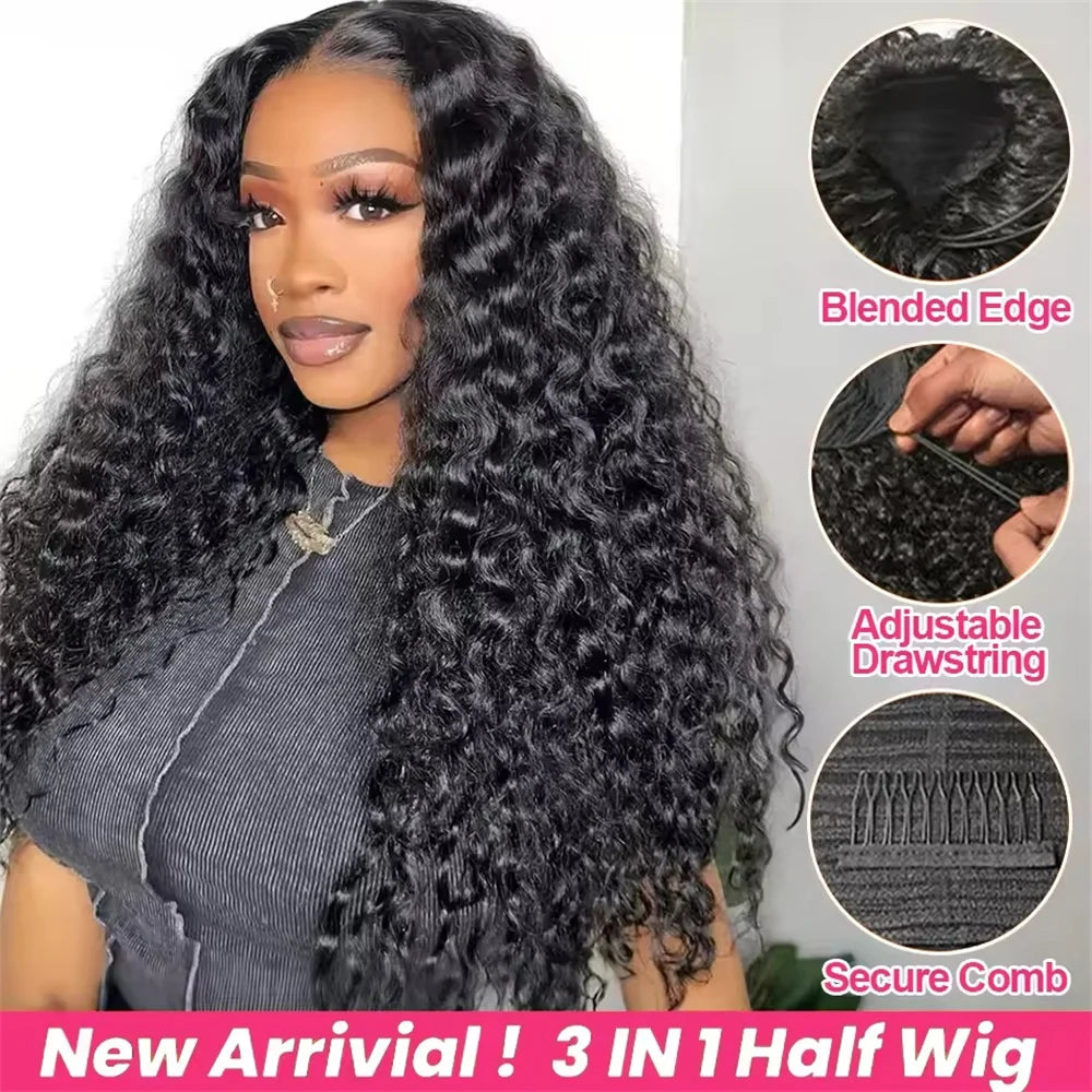 Half Wig Glueless Human Hair Wigs With Drawstring Seamless Clips 250 Density Kinky Curly Half Wigs Full Machine Made Wig