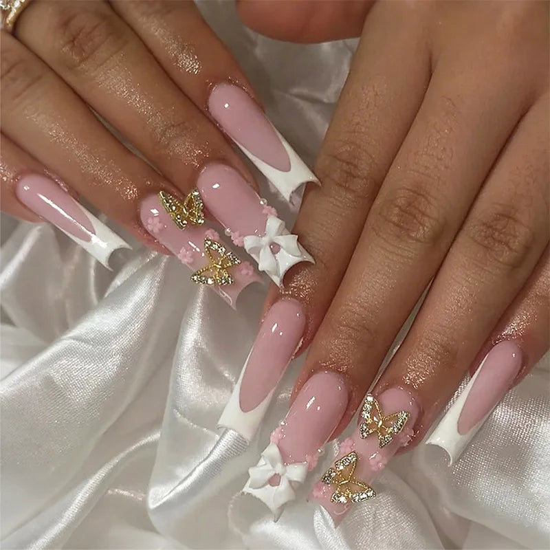 24pcs French Bow Press on Nails Extra Long Coffin Pink Sweet Nails Tips Love Pearl Diamond Fake Nail Square Ballet False Nail