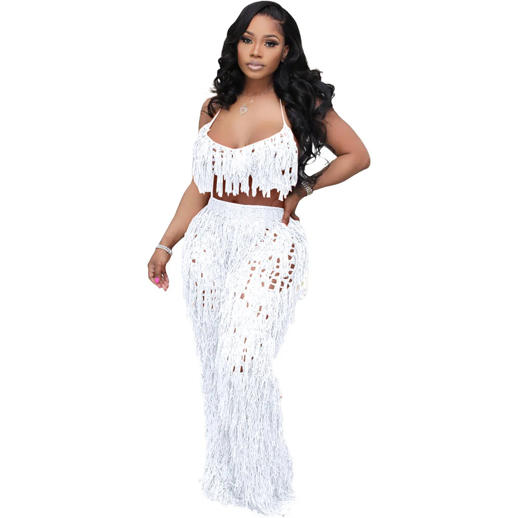 FAGADOER Sexy Hollow Out Tassels Pants Two Piece Sets Women Halter Sleeveless Backless Crop Top + Pants Outfit Female Streetwear